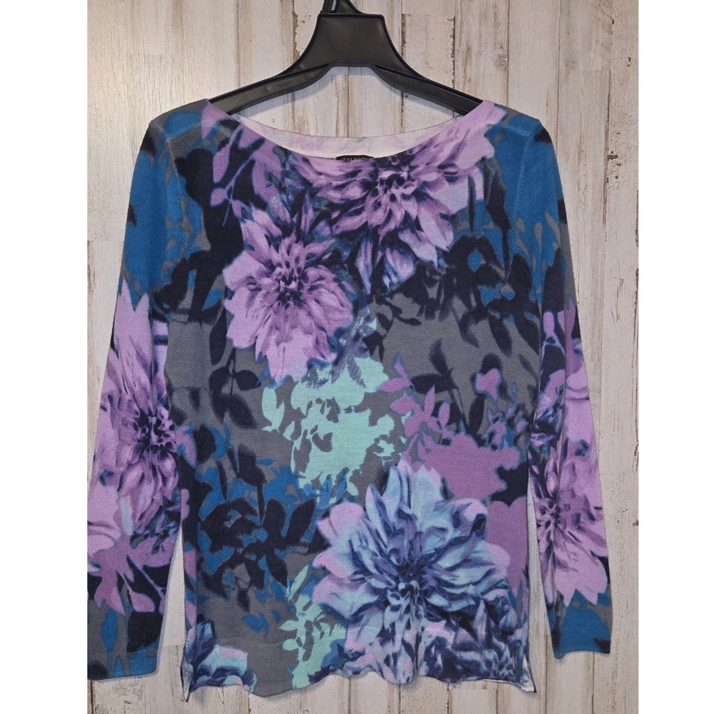 Talbots size MP Floral 100% merino Wool Sweater Pullover Boat neck